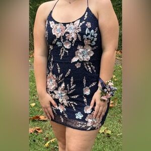 Primavera Couture 4265 Navy Homecoming Dress With Criss Cross Lace-Up Back